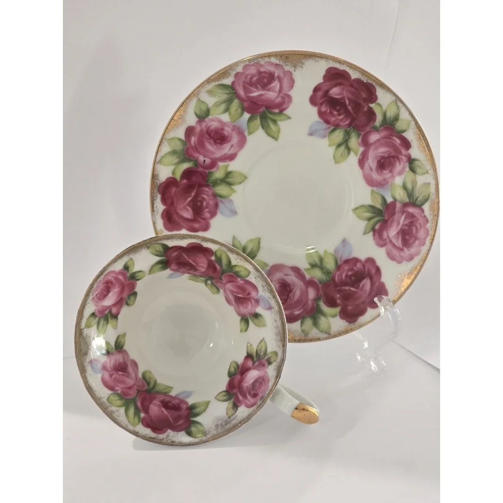 Vtg Del Mar Japan Hand Painted Pink Roses Teacup and Saucer Lusterware Gold